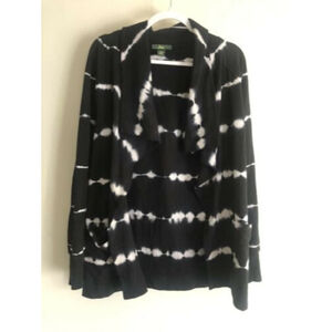 Bass Women’s Cardigan Sweater Open Front Black Striped Tie Dye Size M